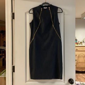 Navy dress, gold zippers